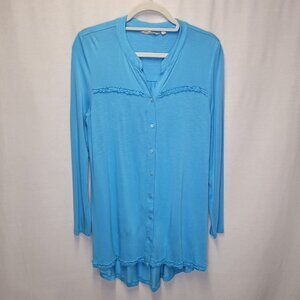 Soft Surroundings Women's Medium Button Front Tunic Shirt Top Blue Ruffle